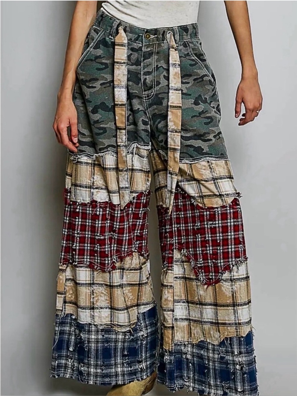 POL Camo Plaid Patchwork Wide Leg Pants NWT | Camo Multi | Small